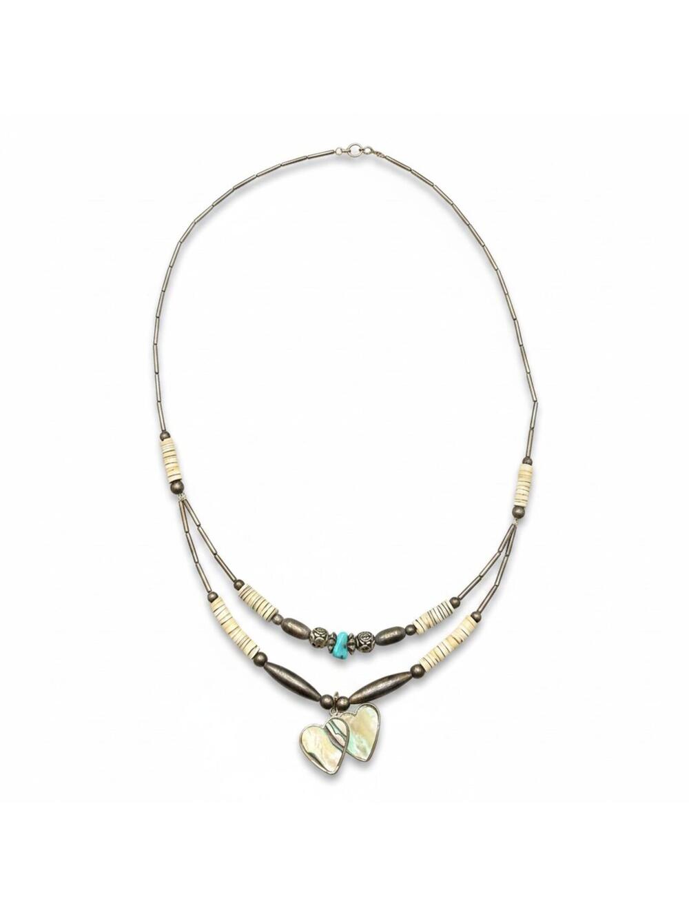 Vtg Silver Double Strand Necklace 14” Abalone Hearts Torpedo Beads Turquoise
